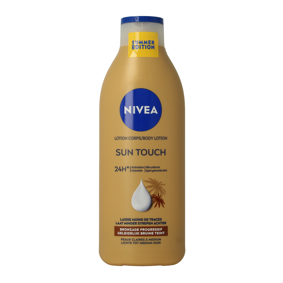 Nivea Bodylotion Sun Kissed Radiance Light in 400ml bottle, creamy moisturizing body care product with a smooth texture.