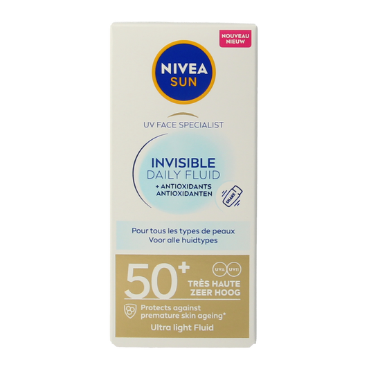 Nivea Sun face daily fluid SPF50+ bottle with 40ml, lightweight sunscreen for face protection and hydration.