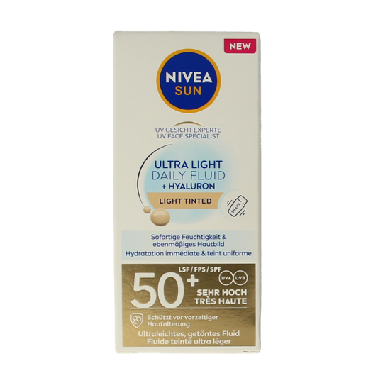 Nivea Sun face daily fluid SPF50 tint light in 40ml bottle, lightweight sun protection with a subtle tint for the face