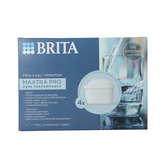 Brita MAXTRA PRO water filter cartridges for kitchen and table use, four-pack of Pure Performance filters.