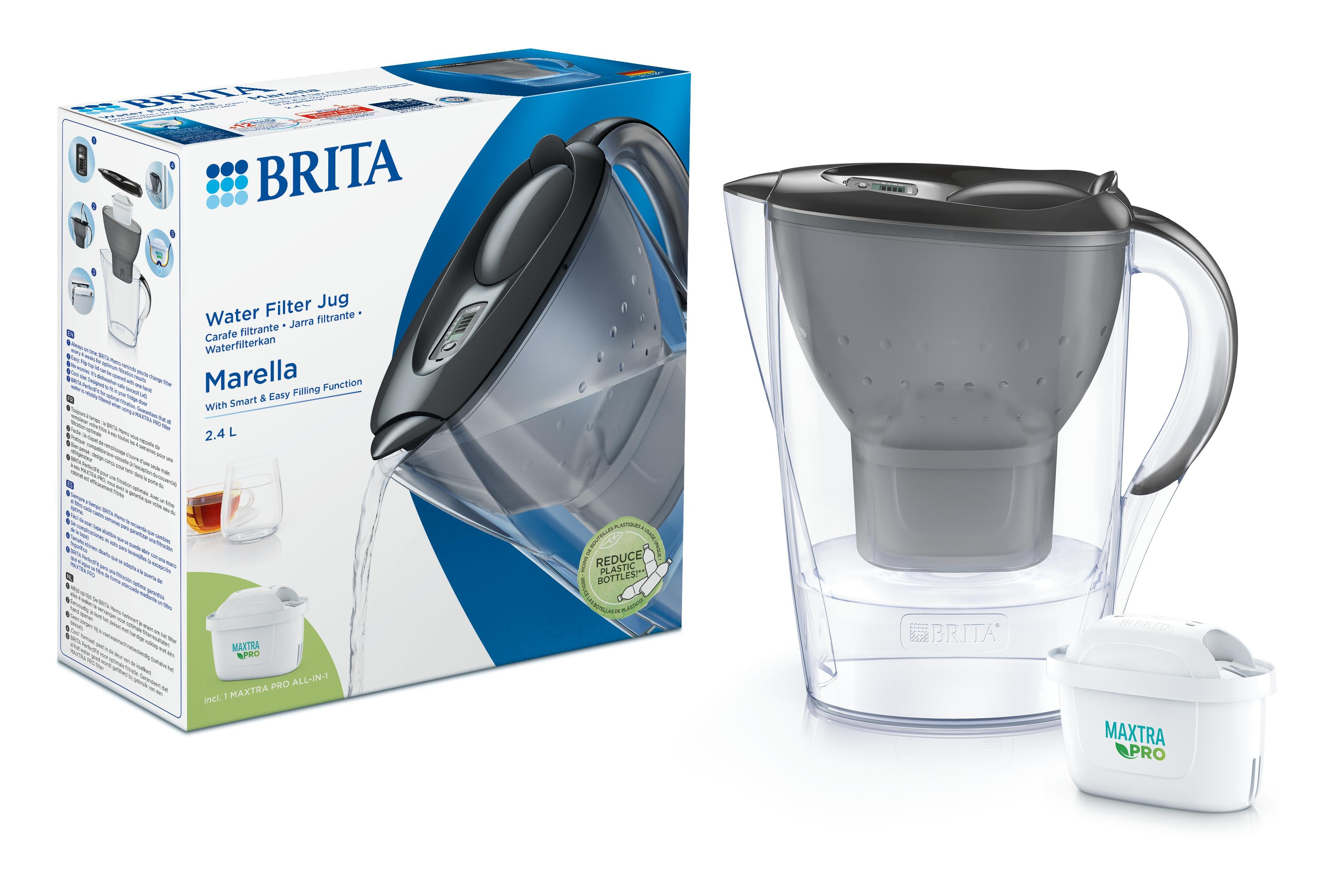 Brita Marella cool graphite water filter jug for kitchen and table use, with a sleek design and replaceable filter.