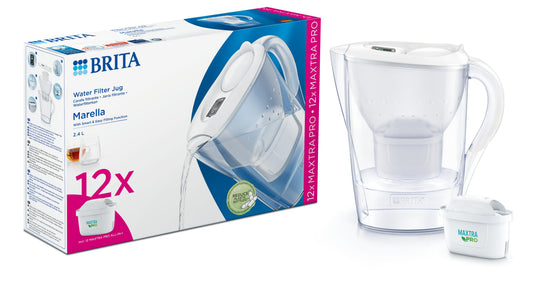 Brita Marella Cool white water filter jug with 12 MAXTRA+ replacement filters for cooking and dining.