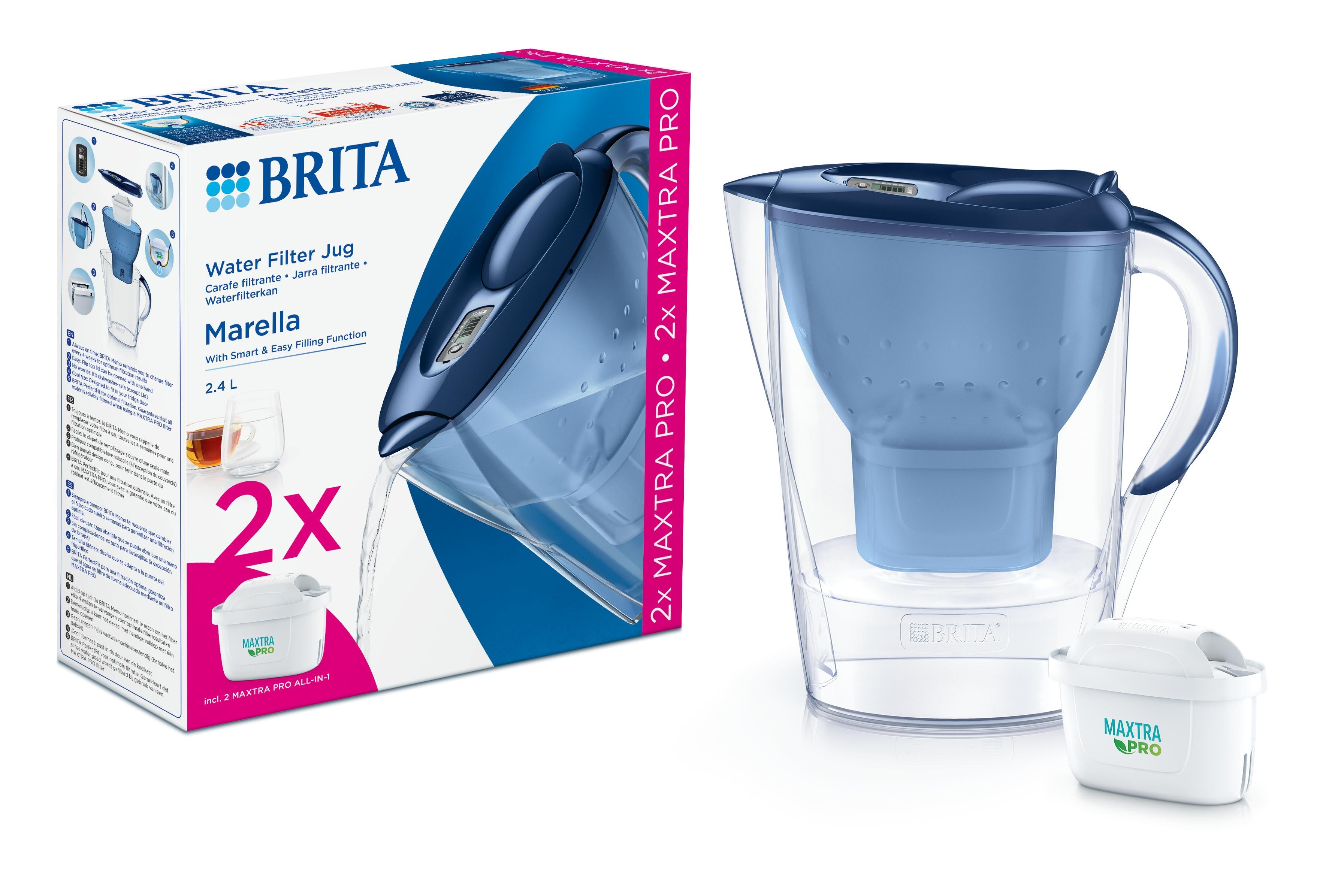 Brita Marella cool blue water filter jug with two Maxtra Pro all-in-one filter cartridges for clean drinking water.