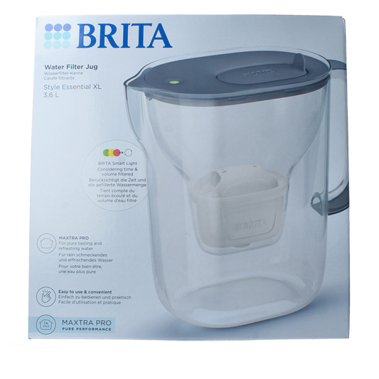 Brita Style Essential XL stone blue water filter jug for cooking and dining, with a sleek design and easy-fill spout.