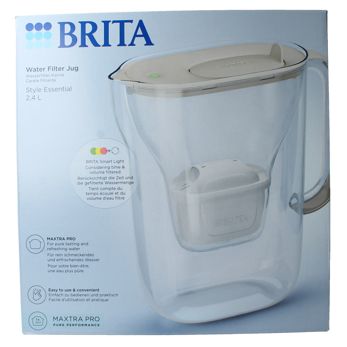 Brita Style Essential Cool sand water filter jug for cooking and dining, 1-liter capacity, with filter cartridge visible