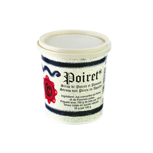 Poiret appel-perenstroop broodbeleg jar, 450g, with a label showing apple and pear flavor for toast or desserts.