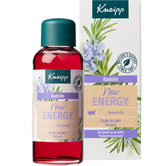 Kneipp New Energy Badolie with rosemary in a 100ml bottle, designed for bath and shower use, with fresh rosemary sprigs visible.