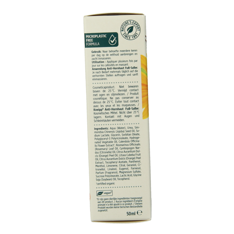 Kneipp foot care eeltcreme with calendula and orange oil in a 50ml tube, designed for nourishing and softening feet.