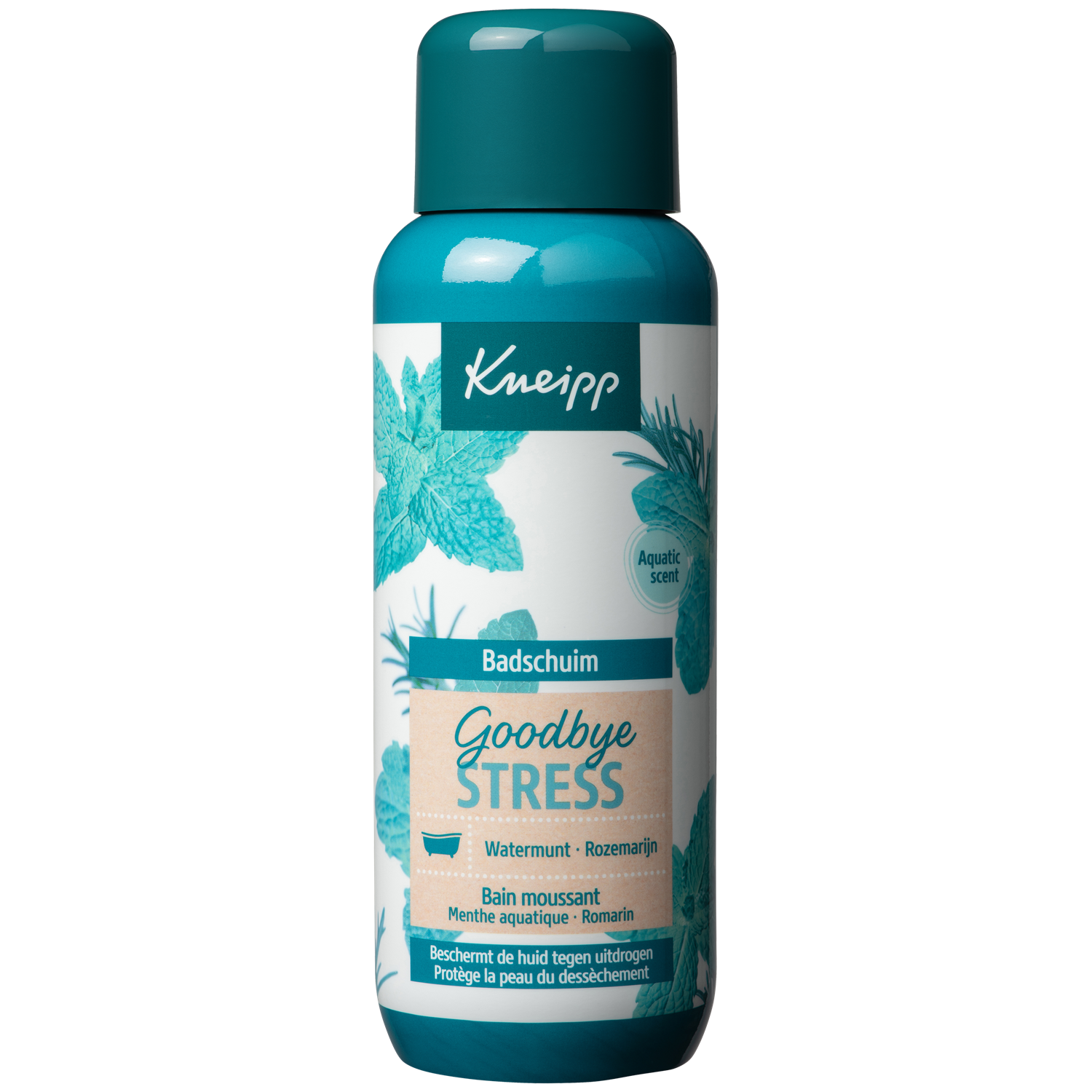 Kneipp Goodbye Stress bath foam bottle, 400ml, relaxing bath and shower product with calming ingredients.