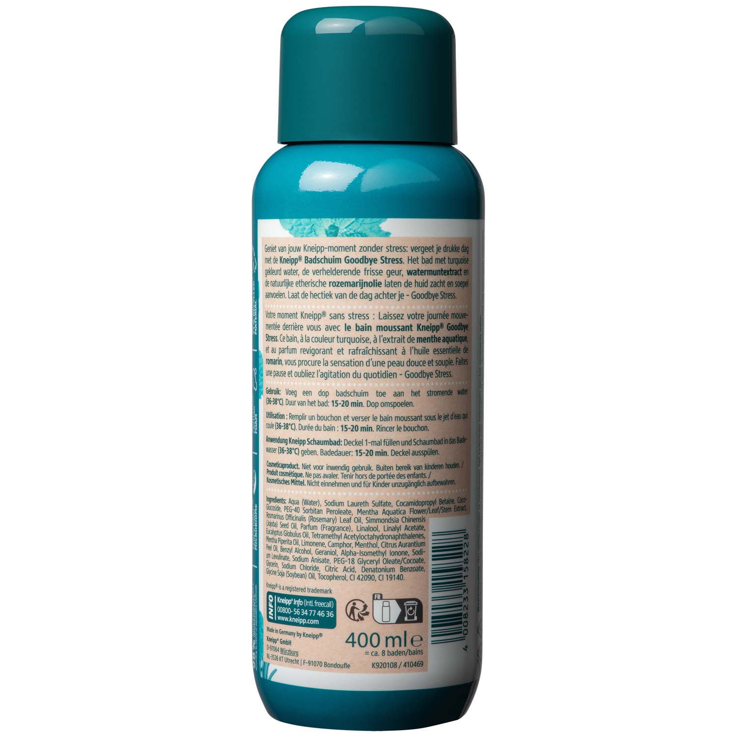 Kneipp Goodbye Stress bath foam bottle, 400ml, with calming ingredients for relaxing bath and shower experience.