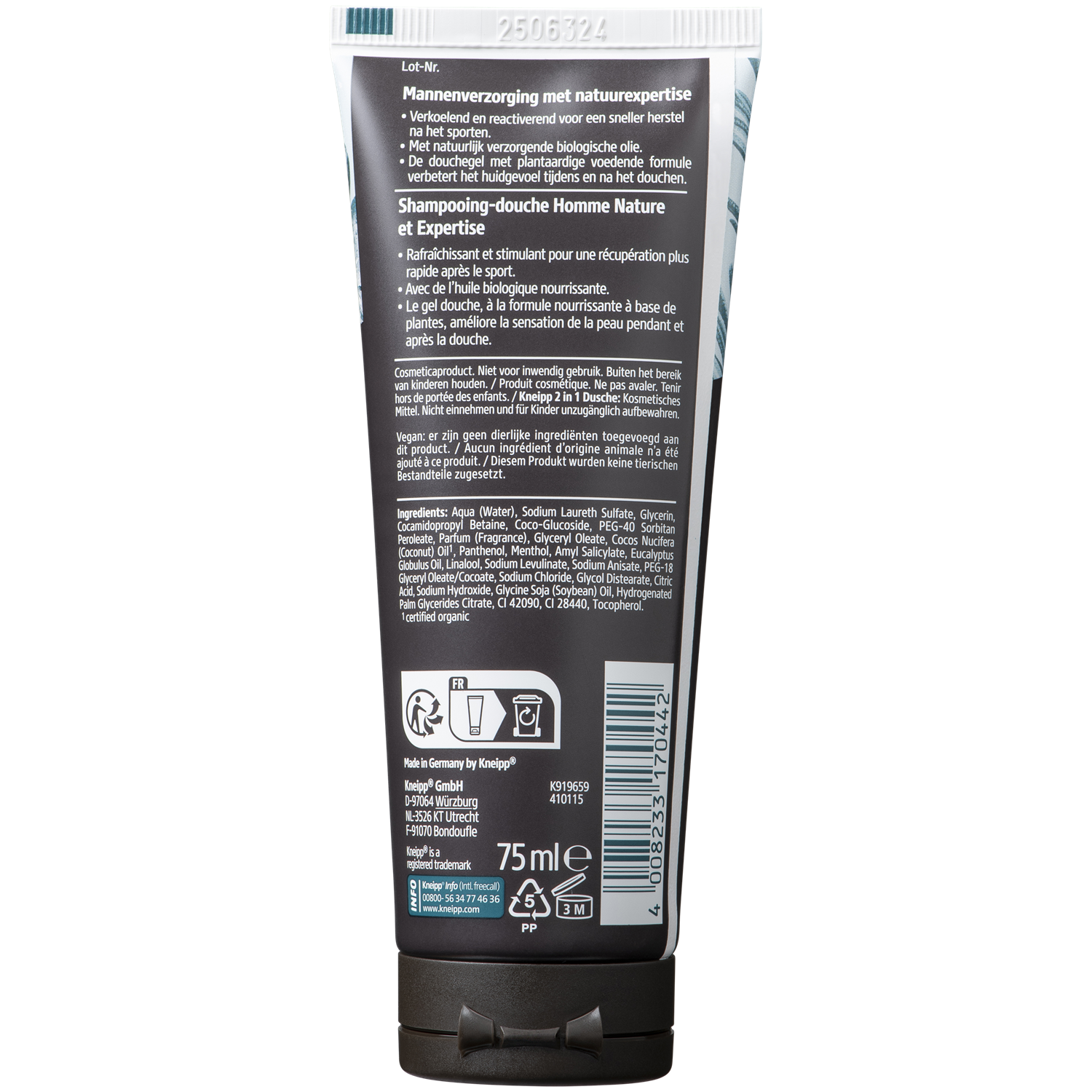 Kneipp Mini 2-in-1 Men douchegel and shampoo for sports, 75ml, in a small white bottle with blue accents.