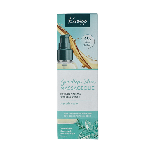 Kneipp Goodbye Stress massage oil in 100ml bottle, natural body care product with calming herbal ingredients.