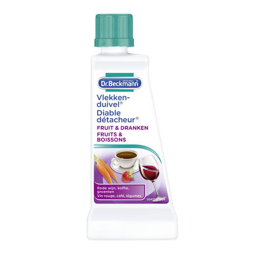 Dr. Beckmann Vlekkenduivel fruit and drink stain remover, 50 grams, in a small container, part of cleaning supplies.