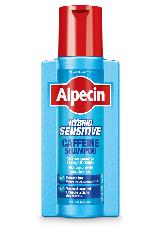 Alpecin caffeine shampoo hybrid 250ml bottle, hair care product with black and blue packaging, for scalp and hair health.