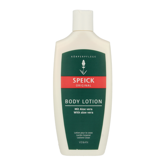 Speick Original body lotion 250ml bottle with label, creamy texture visible, in a natural skincare packaging.