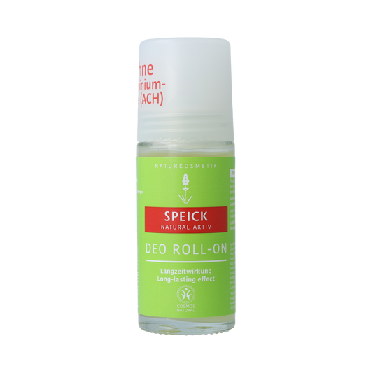 Speick Natural aktiv deodorant roll-on in 50ml bottle, body care product with a clear roll-on applicator and natural ingredients.