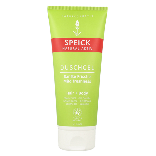 Speick natural aktiv shower gel in 200ml bottle, gentle cleansing for skin, with natural ingredients.