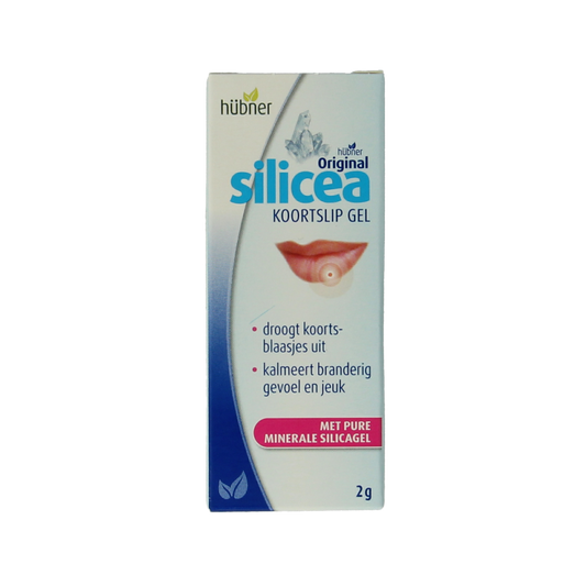 Hubner Silicea koortslip gel, 2g lip care product for cold sores, with natural soothing ingredients in a small tube.