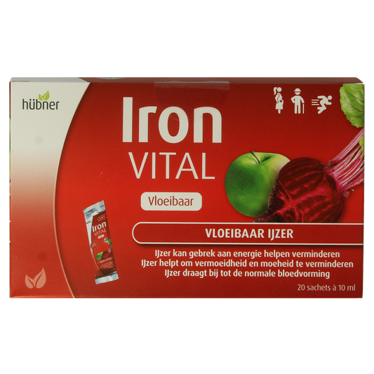 Bottle of Hubner Iron Vital liquid iron supplement in a 20x10ml pack, featuring the mineral supplement brand.