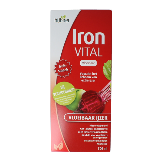 Hubner Iron Vital vloeibaar ijzer XL mineralen supplement in 500ml bottle, showing the product bottle with label and cap.
