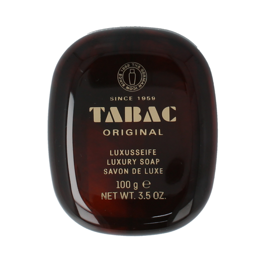 Tabac Original soap with plastic holder, 100g, in a classic rectangular soap bar with branding details visible.