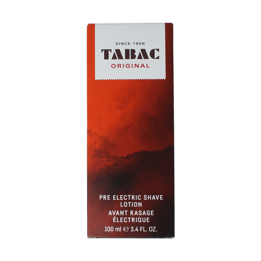Tabac Original pre-electric shave splash bottle for facial skincare, 100ml, with classic label and clear liquid visible.
