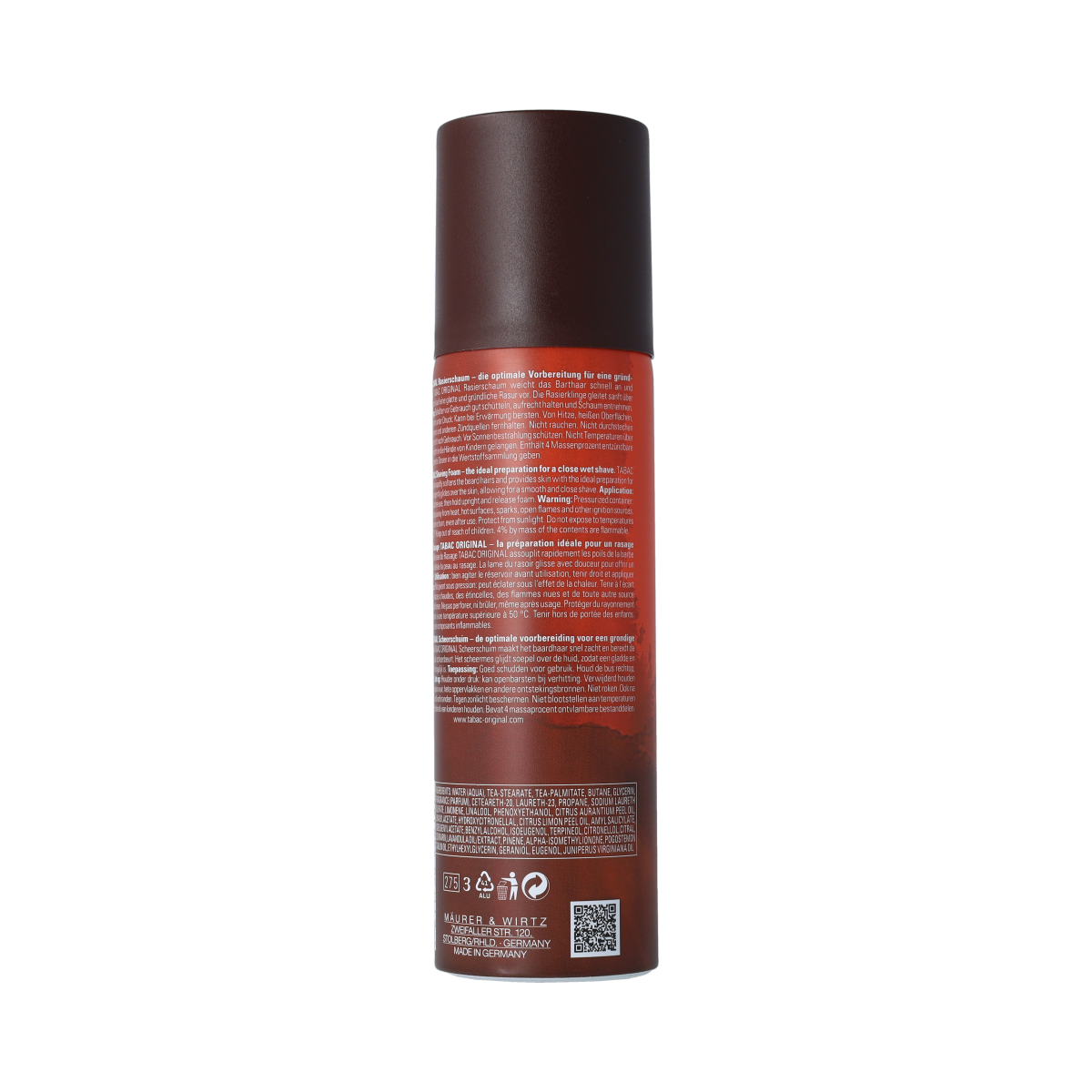 Tabac shaving foam in 200ml container, with a Scheerinstrumenten shaving tool, featuring the Tabac brand label.
