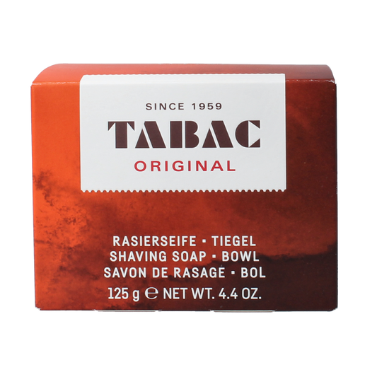 Tabac Original shaving soap in a bowl, 125g, with a classic packaging, designed for men's grooming and shaving routines.