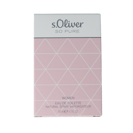 S Oliver So Pure women eau de toilette 50ml bottle with elegant transparent glass and white cap, displayed against a neutral background.