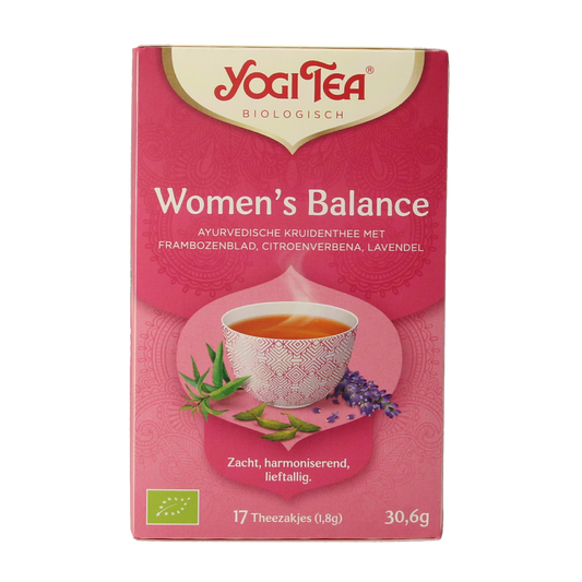 Yogi Tea Women's Balance Bio tea boxes with 17 tea bags, featuring herbal blend for wellness and relaxation.