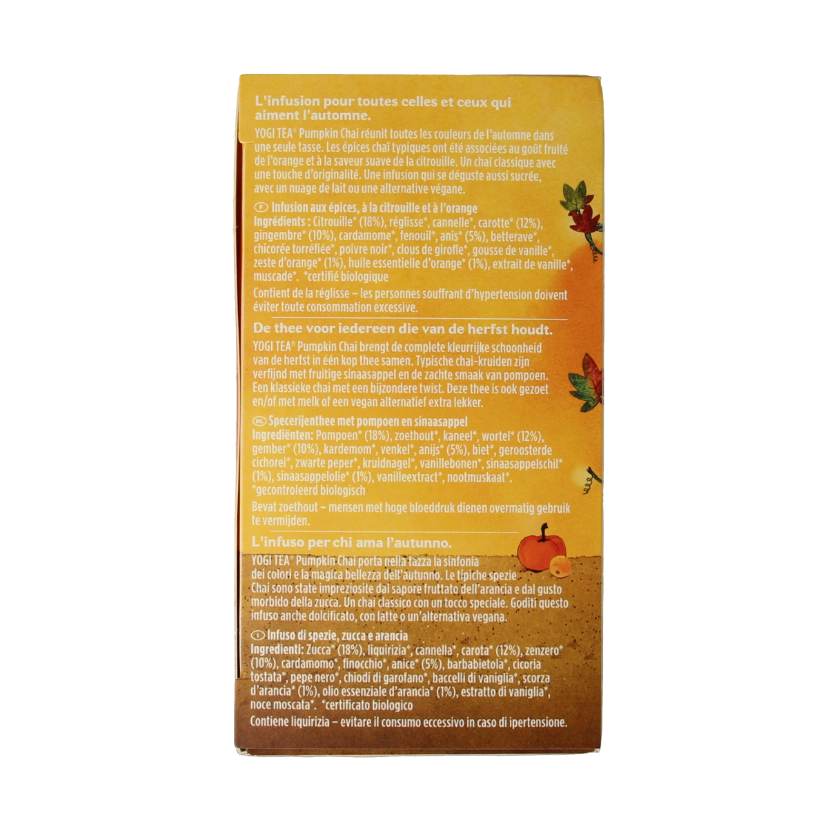 Yogi Tea Pumpkin Chai bio box with 17 tea bags, featuring a warm pumpkin and spice flavor for cozy tea moments.