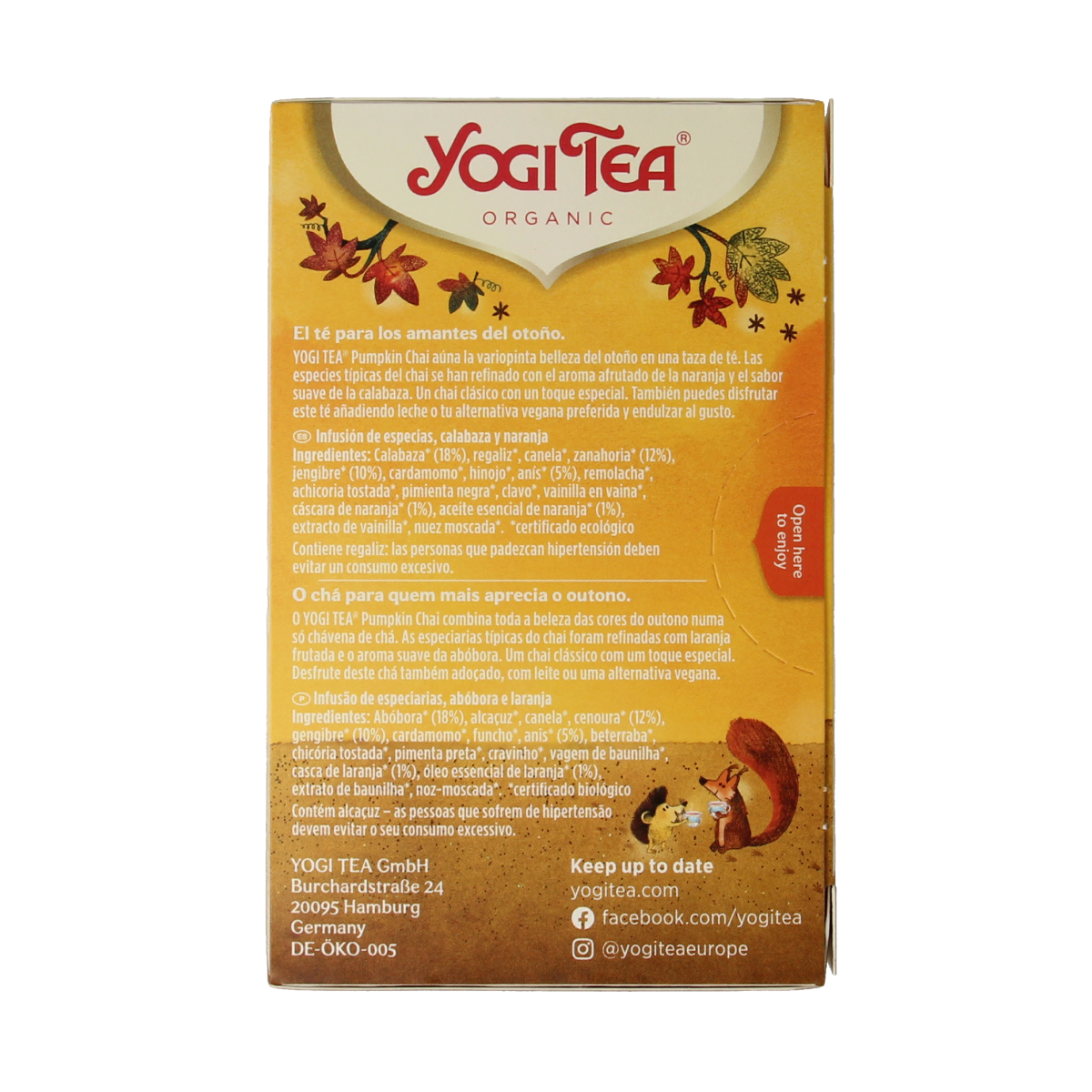 Yogi Tea Pumpkin Chai bio box with 17 tea bags, featuring a warm pumpkin and spicy chai flavor on the packaging.
