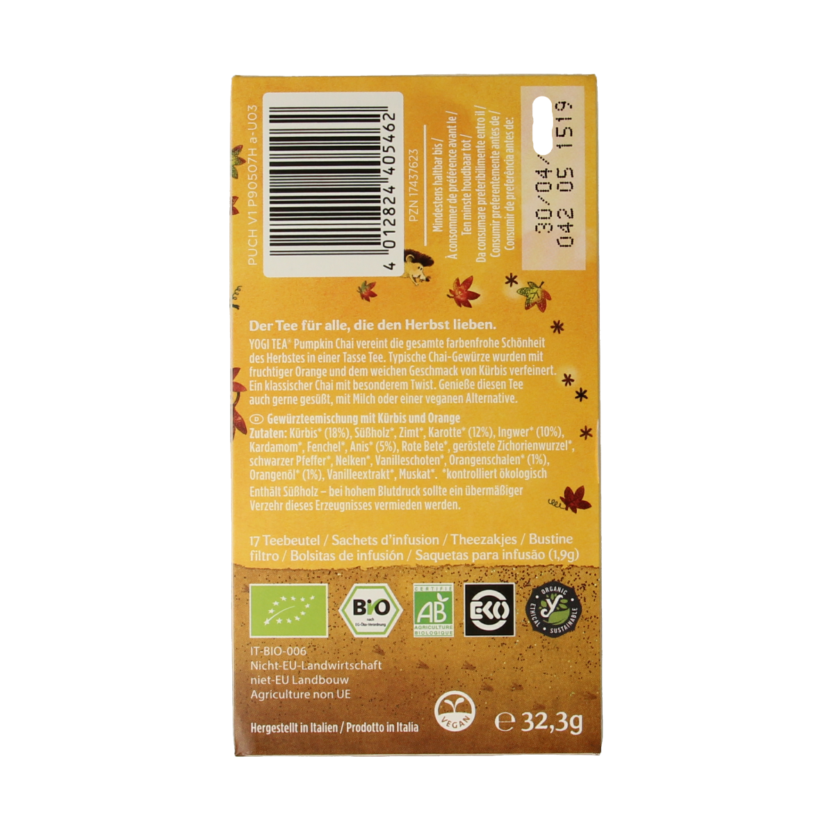 Yogi Tea Pumpkin Chai bio box with 17 organic tea bags, featuring a warm pumpkin and spice flavor for cozy tea moments.