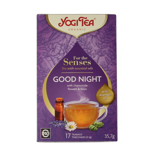 Yogi Tea Good Night bio tea bags for relaxation, featuring a calming herbal blend in a box of 17 tea sachets.