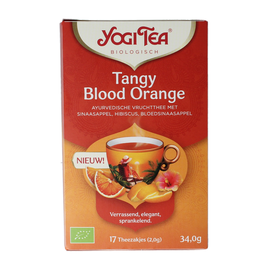 Yogi Tea Tangy Blood Orange organic tea bags, 17 count, with vibrant orange slices and tea leaves in a natural setting