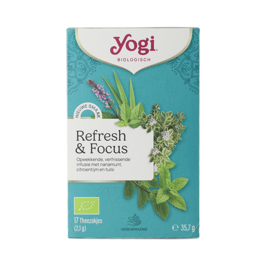 Yogi Tea Refresh & Focus bio tea box with 17 tea bags, featuring herbal blend for energy and mental clarity.