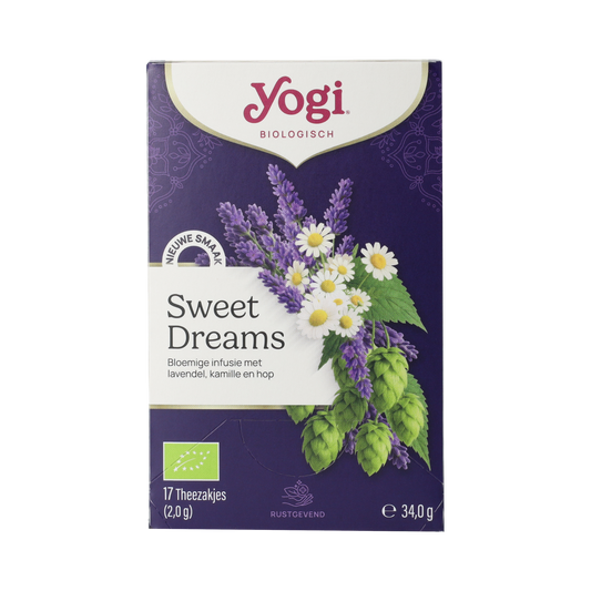 Yogi Tea Sweet Dreams organic herbal tea in a box with 17 tea bags, featuring calming, natural ingredients for relaxation