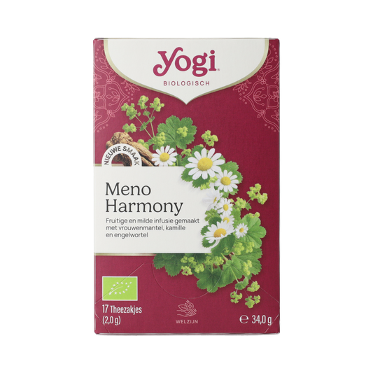 Yogi Tea Meno Harmony bio tea bags in a box, natural herbal blend for menopause support, made by Yogi Tea.