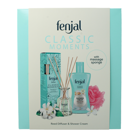 Fenjal Classic Moments gift set with bath and shower products, featuring elegant bottles and packaging for a luxurious experience.