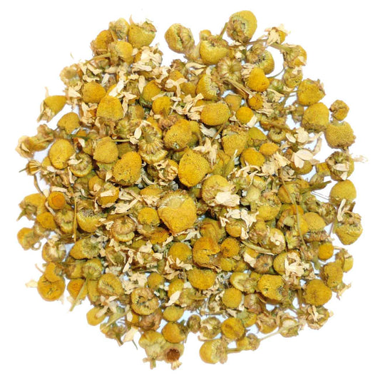 Geels Kamille heel 1kg, herbal tea and coffee blend, in a clear bag showing golden chamomile flowers and tea leaves.