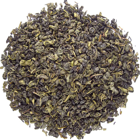 Geels China gunpowder bio coffee and tea blend in 1kg package, featuring green tea leaves and rolled coffee gunpowder.
