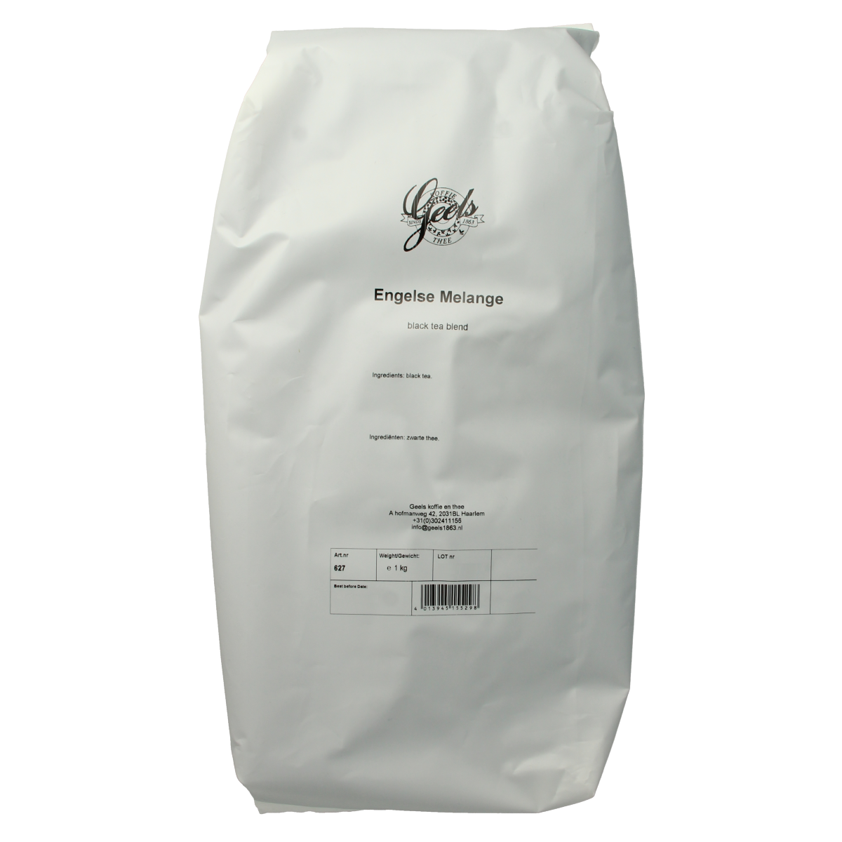 Geels Engelse melange koffie in 1 kg bag, showcasing roasted coffee beans and packaging details.