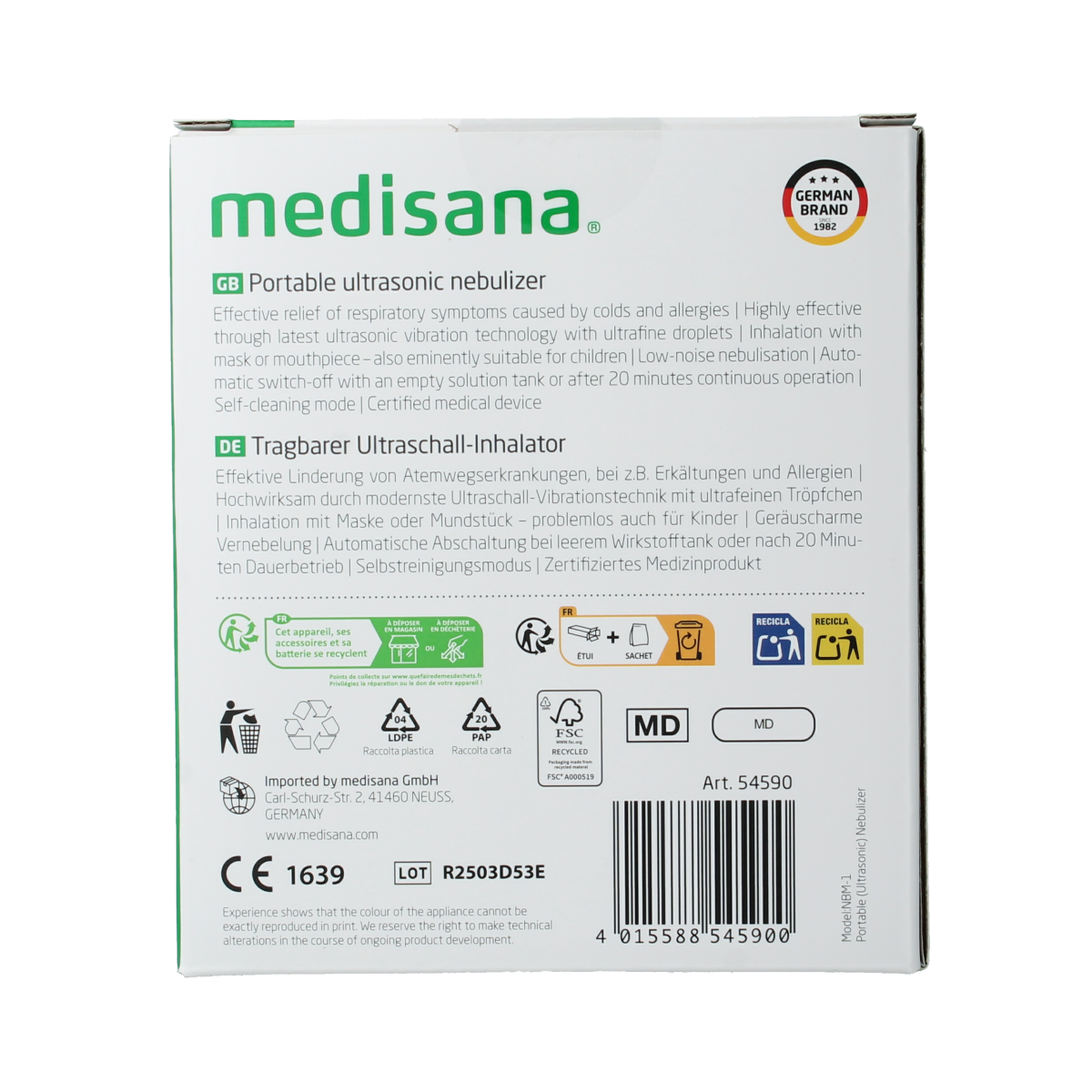 Medisana IN 515 Ultrasone inhalator for nasal care and inhalation therapy, showing the device and nasal attachments.