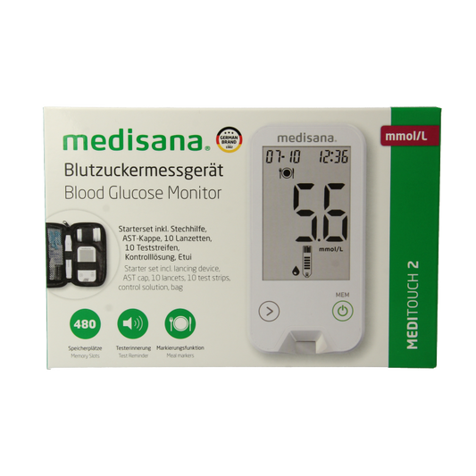 Medisana Meditouch 2 glucose meter with USB port, displayed on a white background, showing its compact design and digital screen.