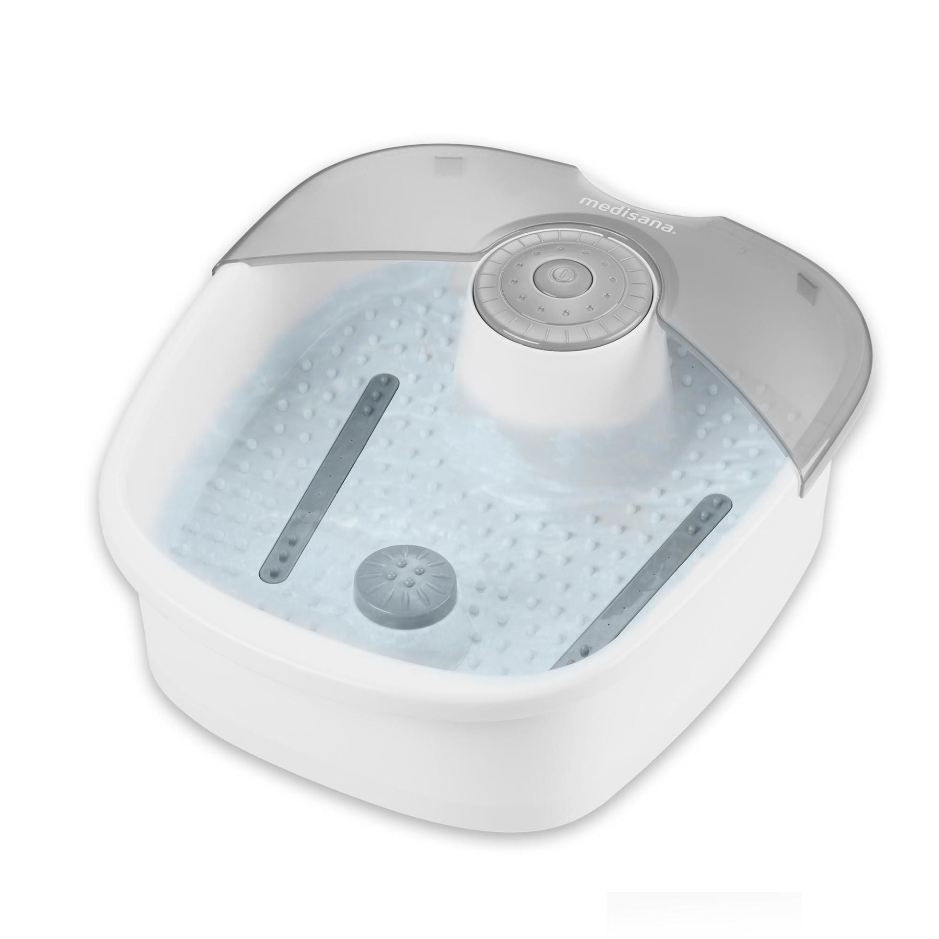 Medisana Voetbubbelbad FS881 for foot care, showing a transparent foot bath with bubbling jets and control panel.