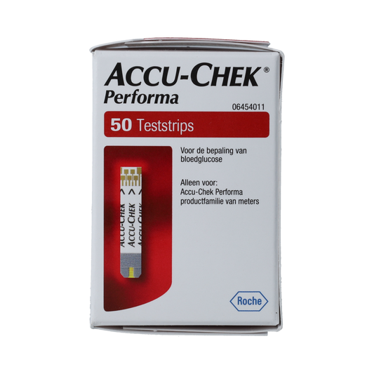 Accu-Chek Performa test strips for blood glucose monitoring, showing a close-up of 50 strips in a blister pack.