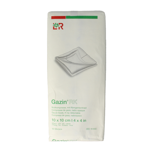 Gazin gaaskompres 10x10 cm niet-steriel 17 draads, 32L, pack of 50, soft cotton gauze for wound dressing.