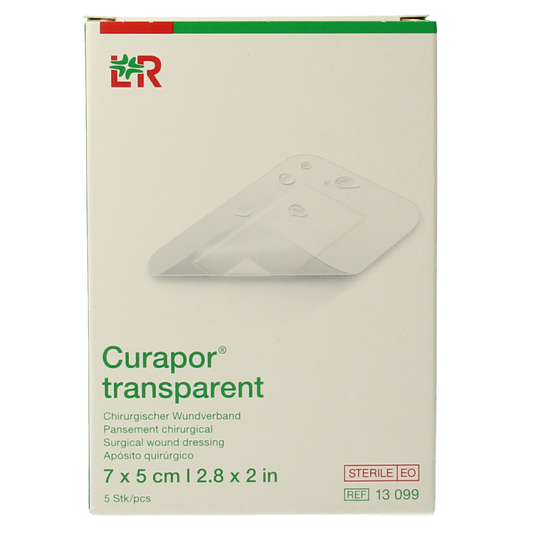 Sterile Curapor transparent adhesive bandages, 7x5cm, shown in a box with five pieces, ideal for wound care.