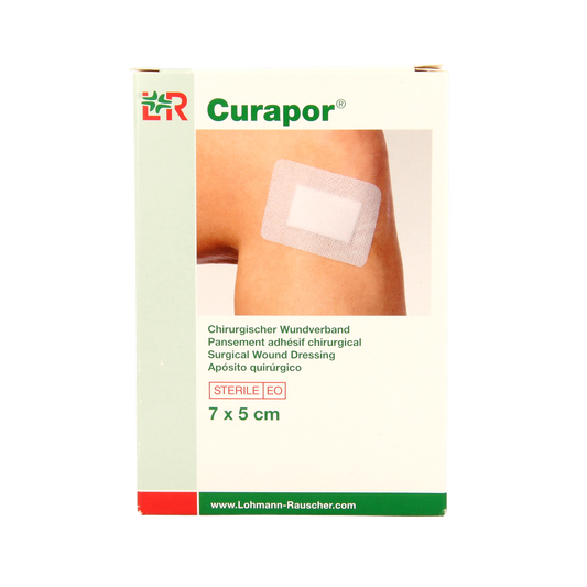 Sterile Curapor Wondpleister 7x5cm pack with 5 adhesive bandages for wound care and first aid.