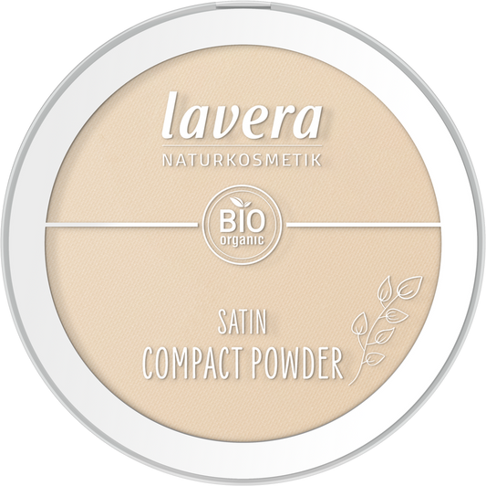 Lavera Satin Compact Powder Medium 02 in a 9.5g compact, natural makeup with a smooth, satin finish for a flawless look.